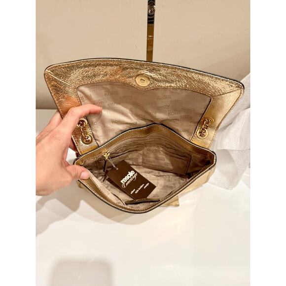 Michael Kors Jet Set Chain Strap Metallic Leather Shoulder Flap Clutch Bag Gold - Picture 9 of 11